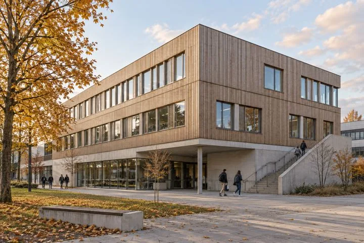 Editorial visualisation illustrating DASGIP Jülich Bioprocess Gebäude; not a documentary photograph