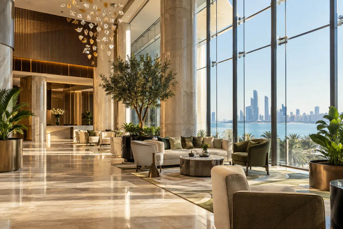 Editorial visualisation illustrating Sofitel Abu Dhabi Corniche; not a documentary photograph