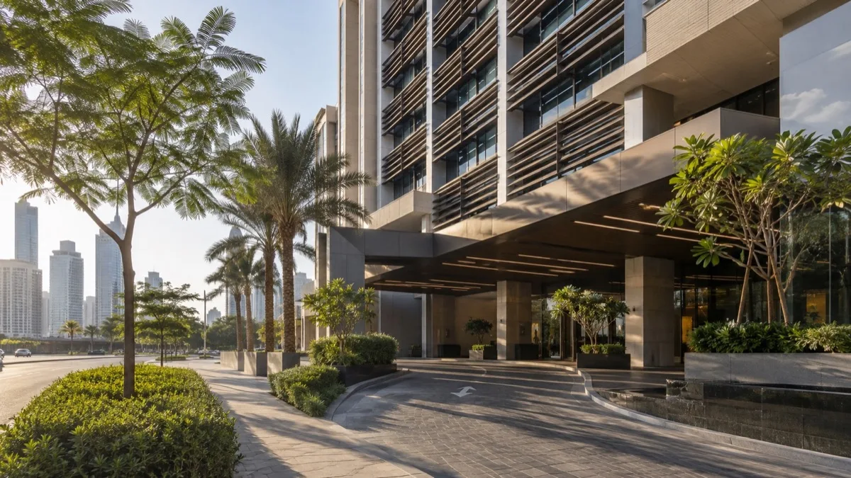 Editorial visualisation illustrating Grand Millennium Hotel Dubai Barsha Height; not a documentary photograph
