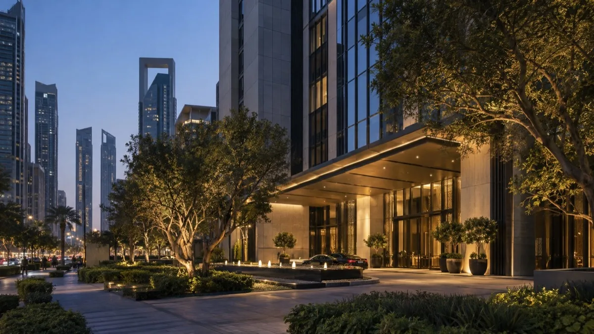 Editorial visualisation illustrating Four Seasons Hotel, Dubai International Financial Centre; not a documentary photograph