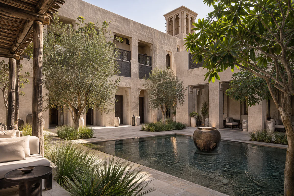 Editorial visualisation illustrating The Chedi Al Bait Sharjah Hotel; not a documentary photograph