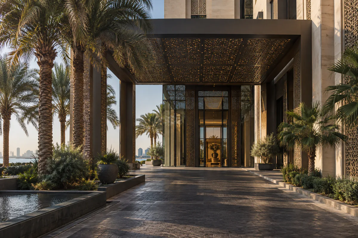 Editorial visualisation illustrating Bab Al Qasr Hotel; not a documentary photograph