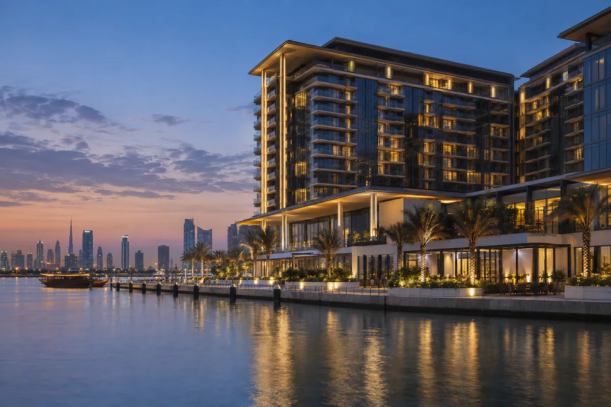 Editorial visualisation illustrating Hilton Dubai Creek Hotel & Residences; not a documentary photograph