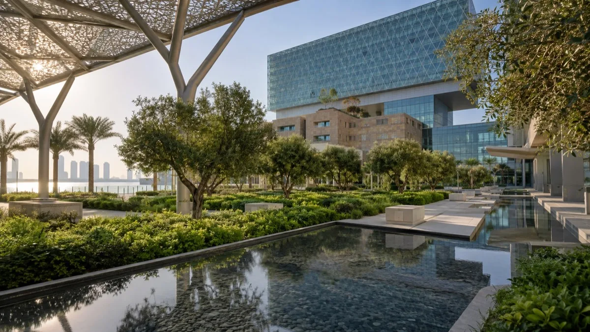 Editorial visualisation illustrating Cleveland Clinic Abu Dhabi; not a documentary photograph