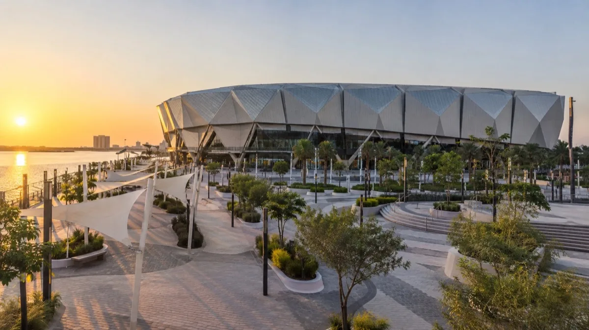 Editorial visualisation illustrating Yas Bay – Arena; not a documentary photograph