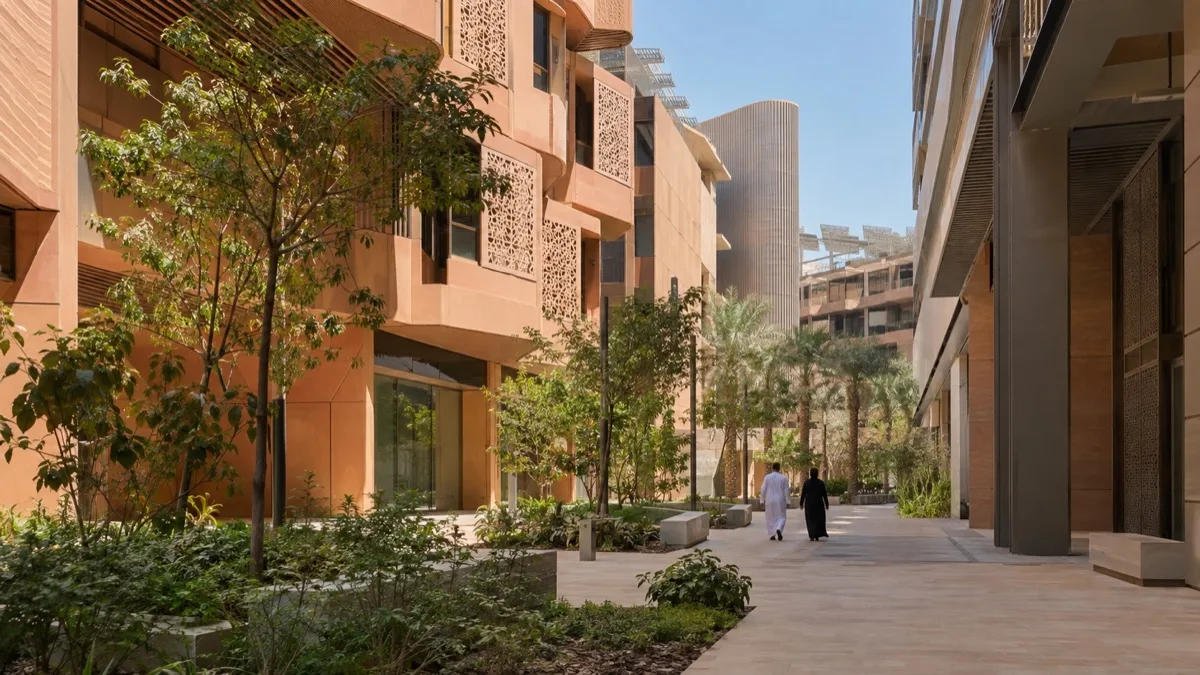 Editorial visualisation illustrating Masdar Neighbourhood One Residences Phase 1; not a documentary photograph