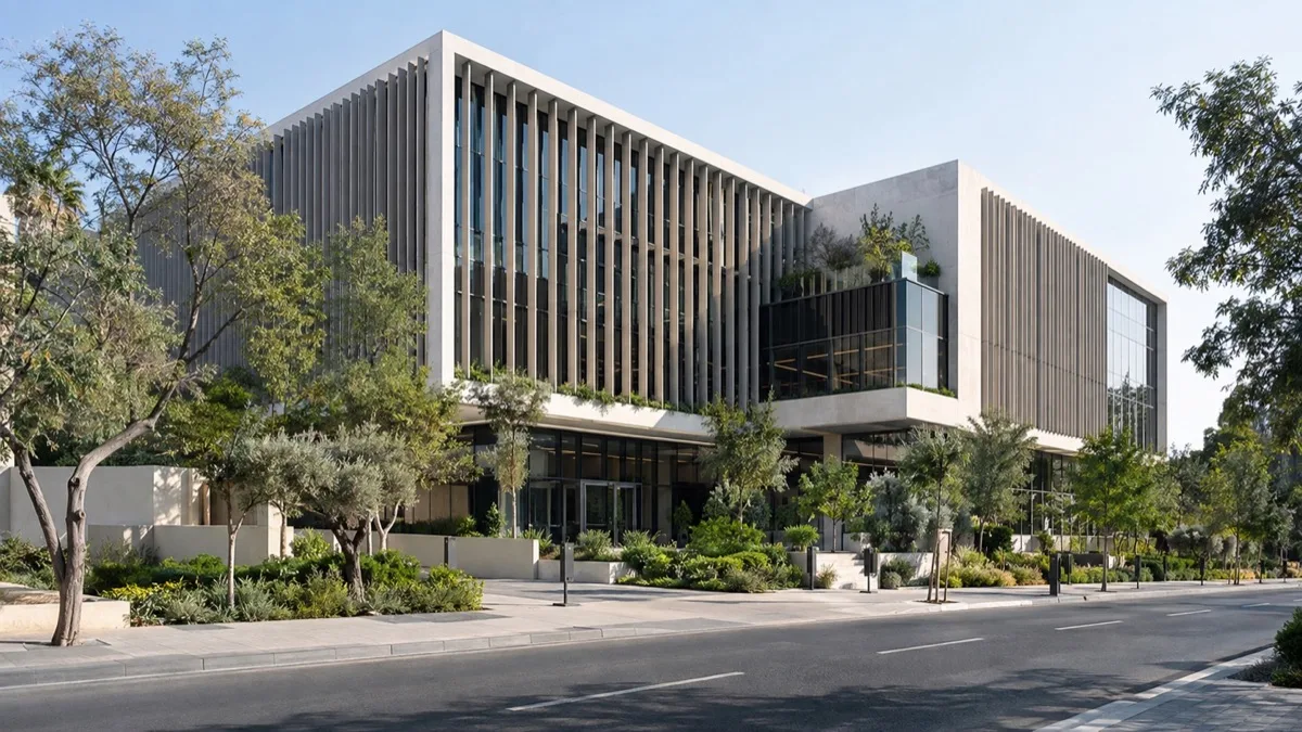 Editorial visualisation illustrating Izzat Marji Group Headquarter green building; not a documentary photograph