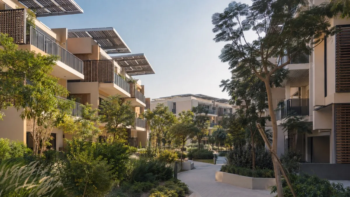 Editorial visualisation illustrating Masdar Etihad Eco Residences Phase 2; not a documentary photograph