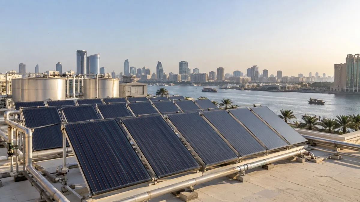 Editorial visualisation illustrating Radisson Blu Deira Creek hot water retrofit; not a documentary photograph