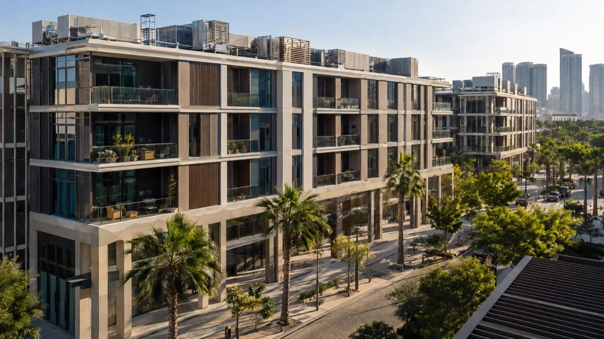 Editorial visualisation illustrating Aldar Portfolio Energy Retrofit; not a documentary photograph