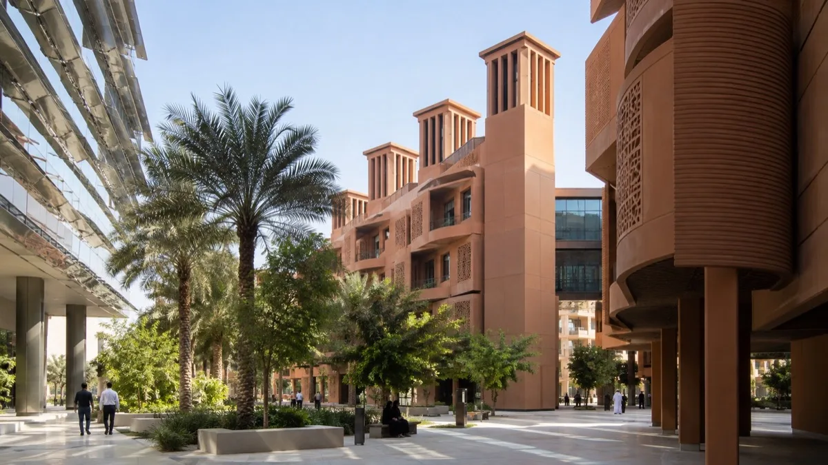 Editorial visualisation illustrating The Link - Masdar City; not a documentary photograph