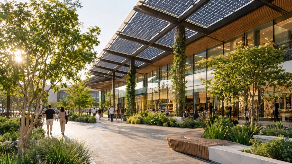 Editorial visualisation illustrating Strategically Green: Redefining Sustainable Shopping Malls; not a documentary photograph