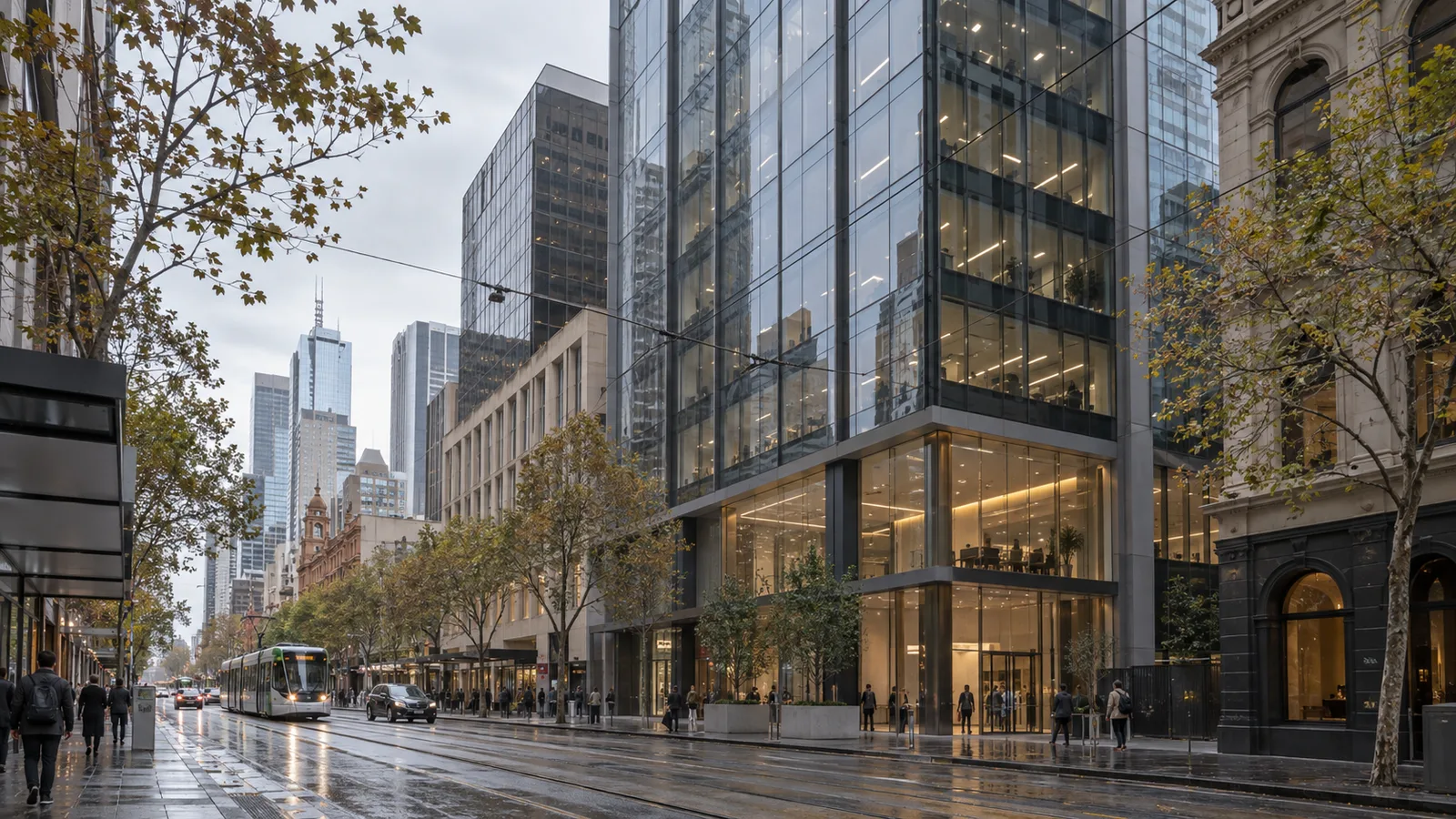 Editorial visualisation illustrating 405 Bourke Street Year 1; not a documentary photograph