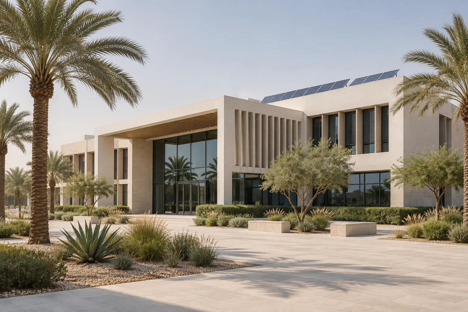 Editorial visualisation illustrating DEWA Sustainable Building; not a documentary photograph