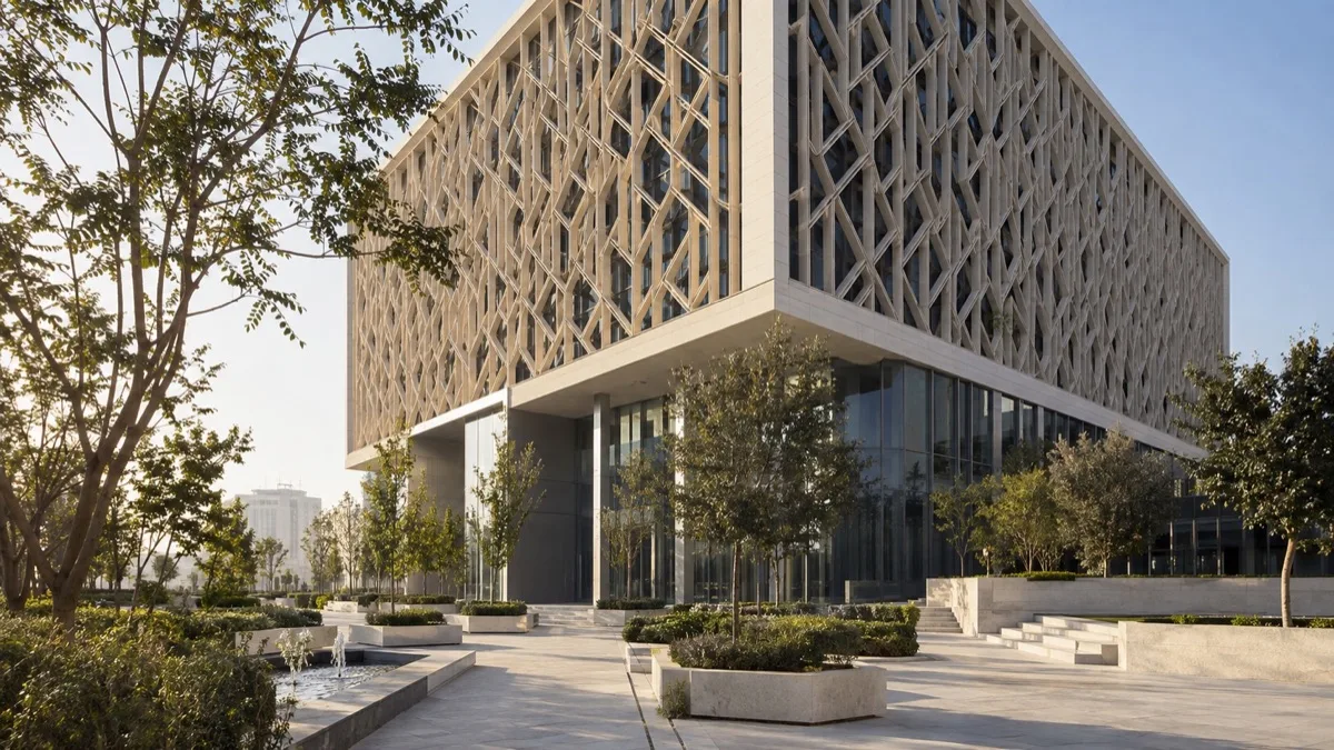 Editorial visualisation illustrating Jordan Kuwait Bank Headquarters; not a documentary photograph