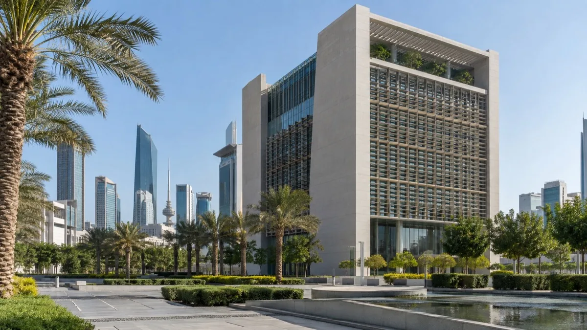 Editorial visualisation illustrating NBK Headquarters; not a documentary photograph