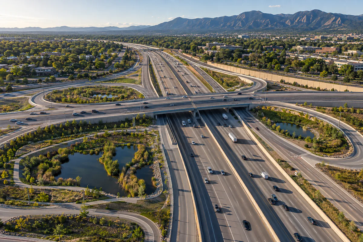 Editorial visualisation illustrating I-25/University Avenue Interchange Improvements Project; not a documentary photograph