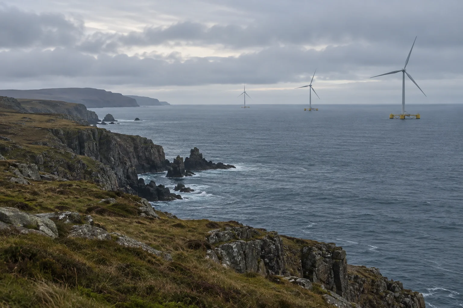 Editorial visualisation illustrating Hywind Scotland; not a documentary photograph