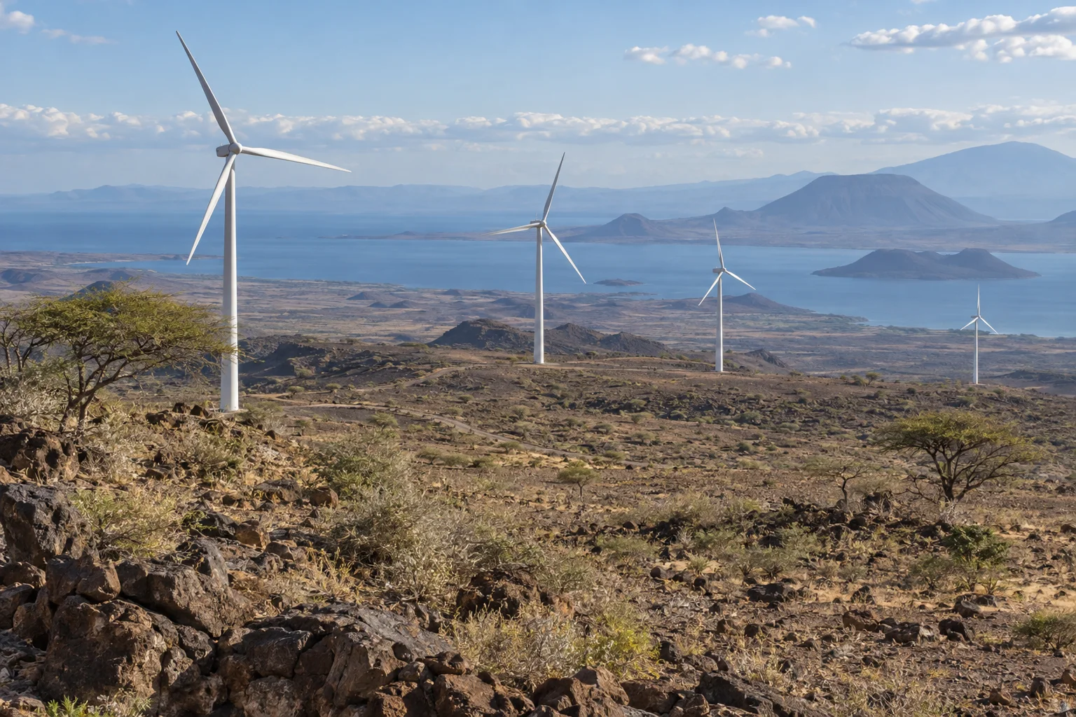 Editorial visualisation illustrating Lake Turkana Wind Power; not a documentary photograph