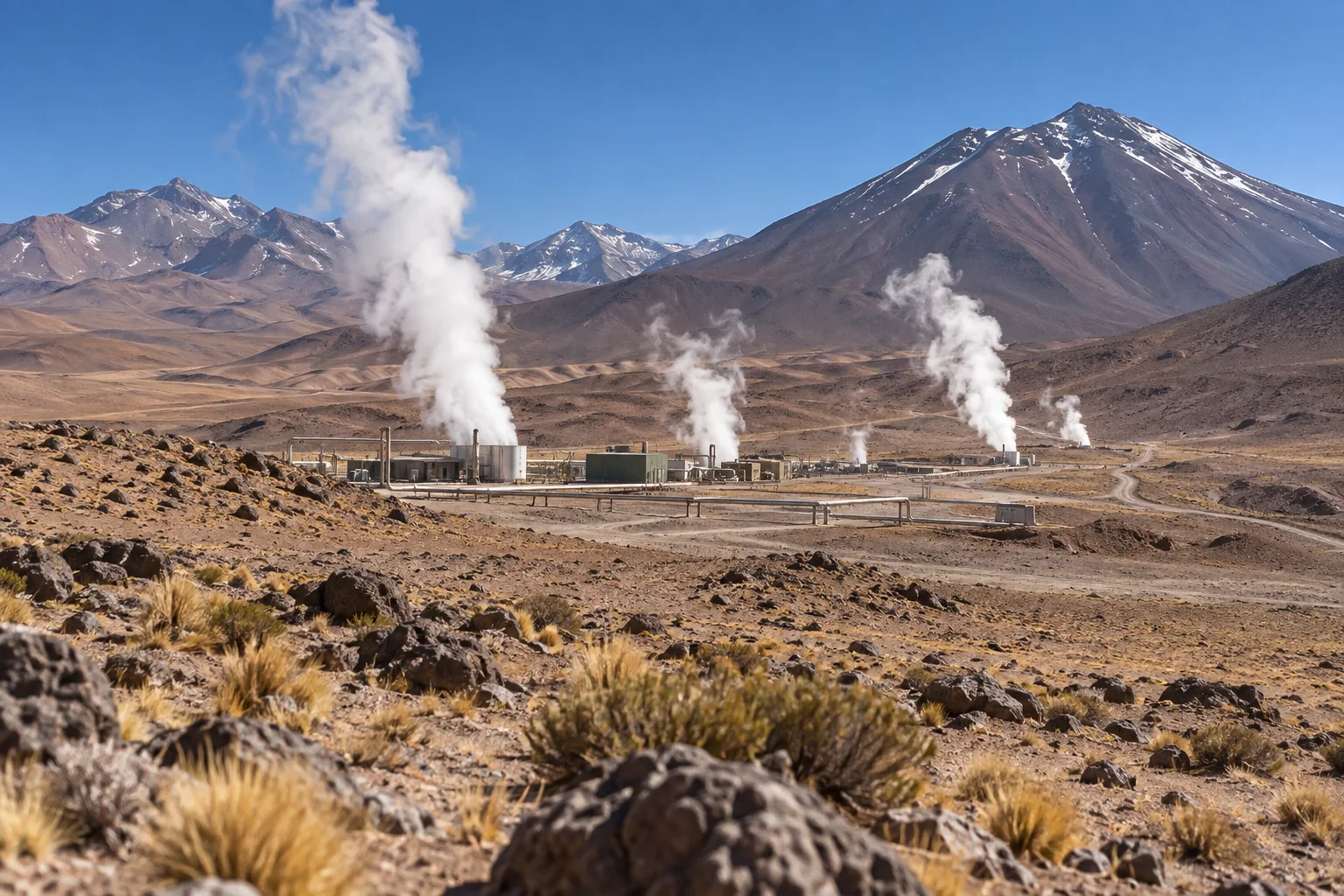 Editorial visualisation illustrating Cerro Pabellón Geothermal Plant; not a documentary photograph