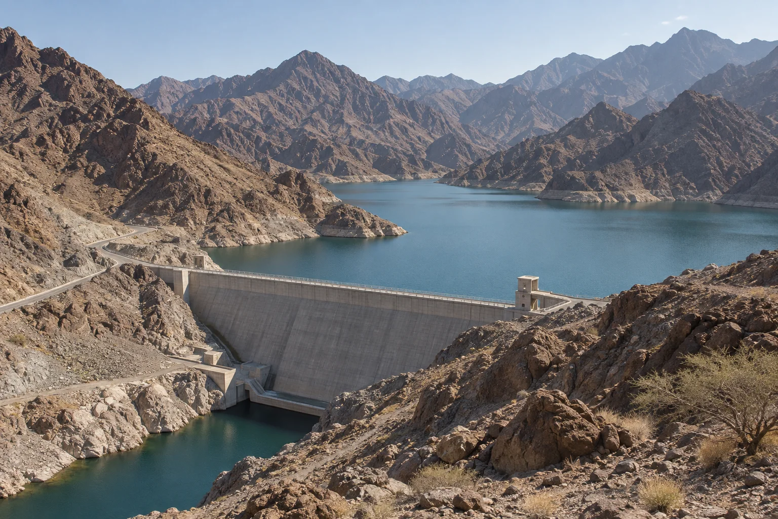 Editorial visualisation illustrating Hatta Hydroelectric Power Plant; not a documentary photograph
