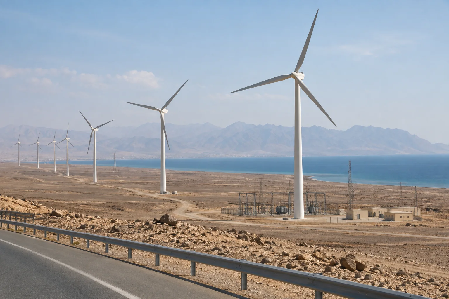 Editorial visualisation illustrating Ras Ghareb Wind Farm; not a documentary photograph