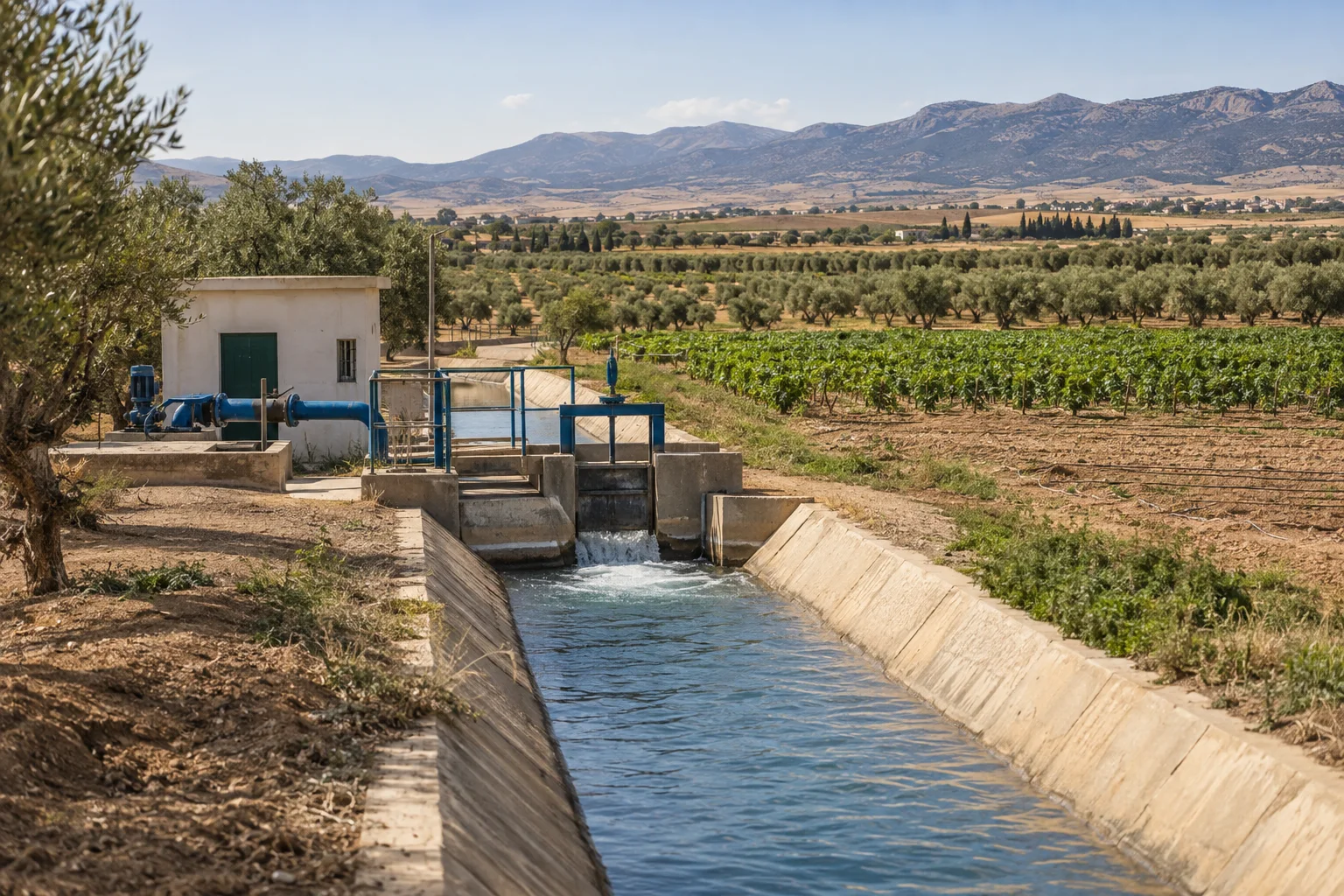Editorial visualisation illustrating Saiss III Water Conservation Project; not a documentary photograph