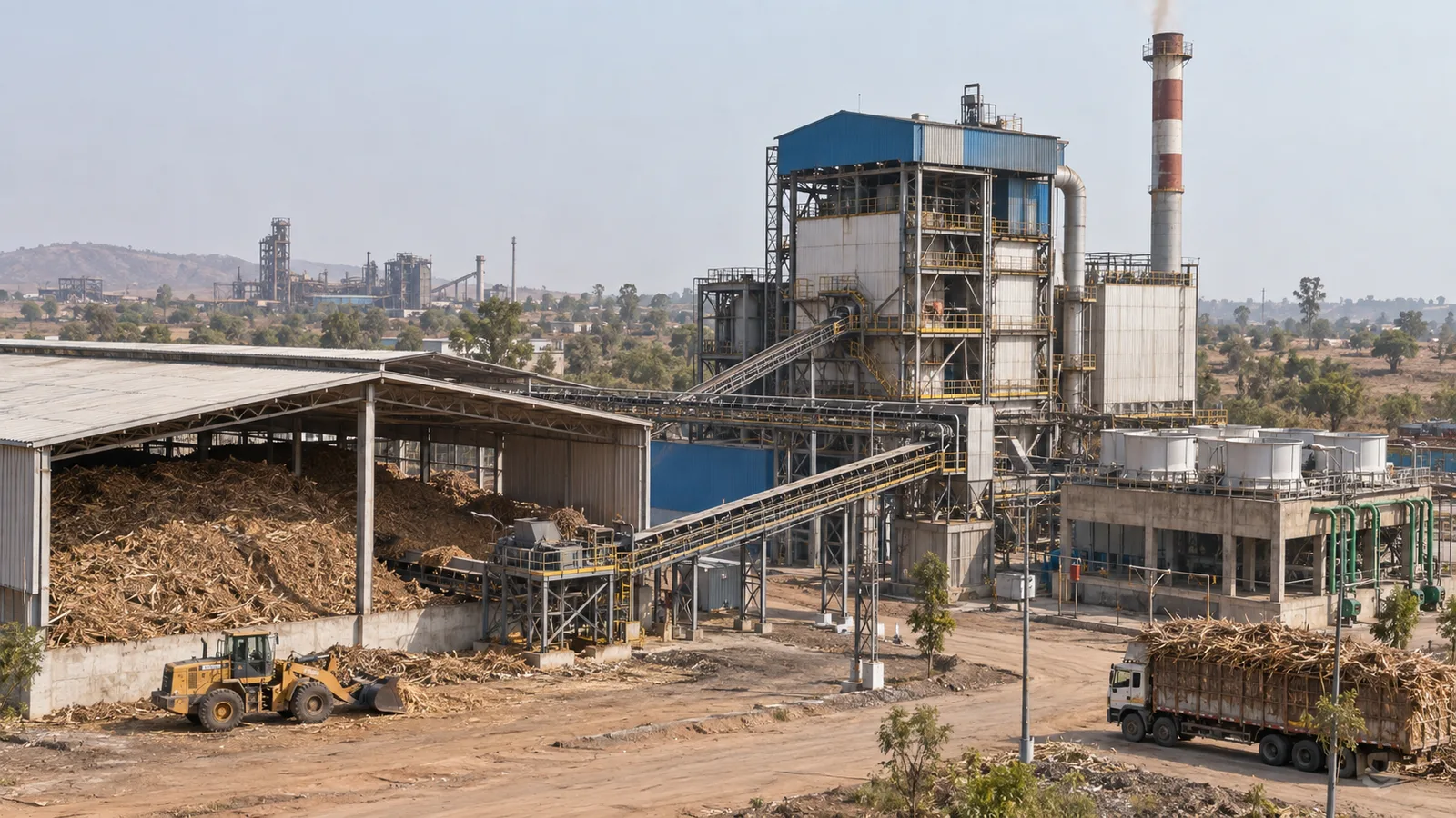 Editorial visualisation illustrating 20 MW Biomass Power Project at Godawari Power and Ispat Limited, Chhattisgarh; not a documentary photograph