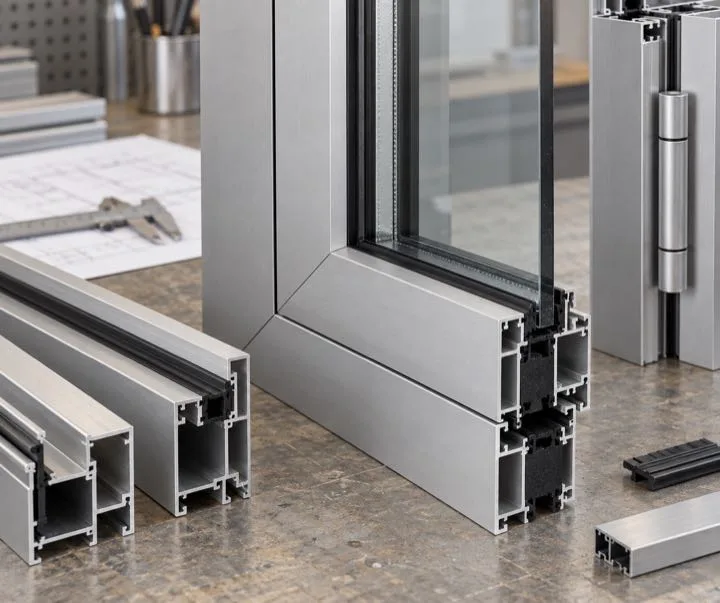 Editorial visualisation illustrating Facade, window, and door Aluminium systems — Silver; not a documentary photograph