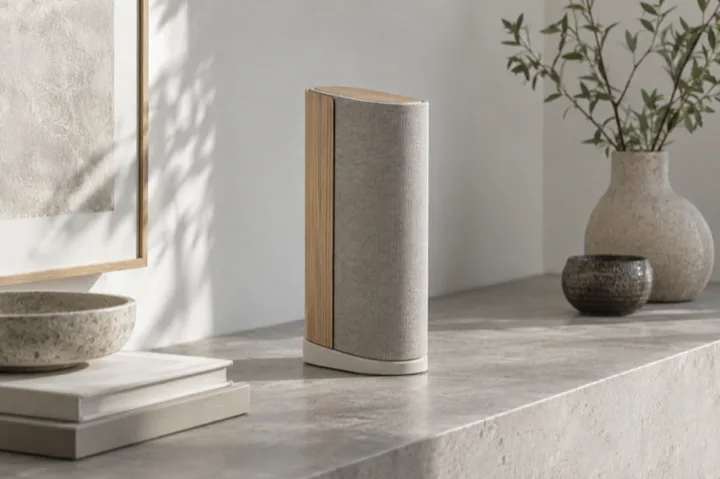 Editorial visualisation illustrating Beosound Emerge (a wireless connected speaker); not a documentary photograph