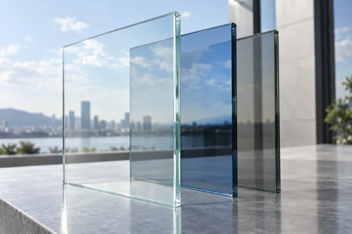 Editorial visualisation illustrating Float Glass and Coated Glass; not a documentary photograph