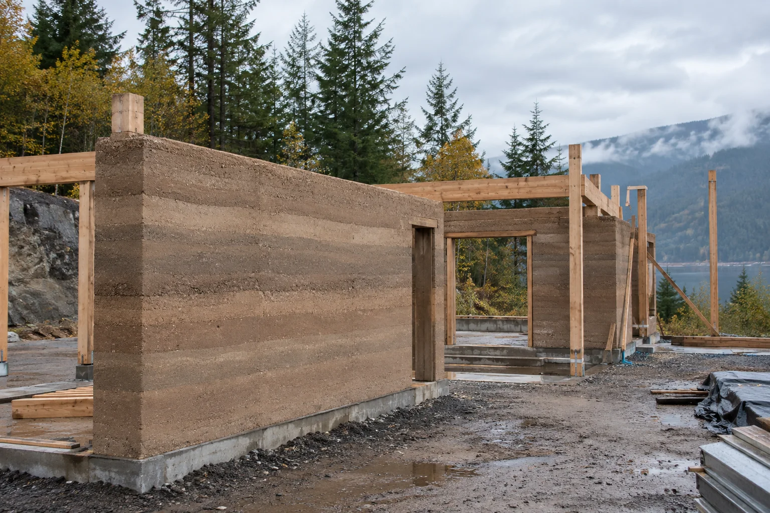 Editorial visualisation illustrating SIREWALL Rammed Earth; not a documentary photograph