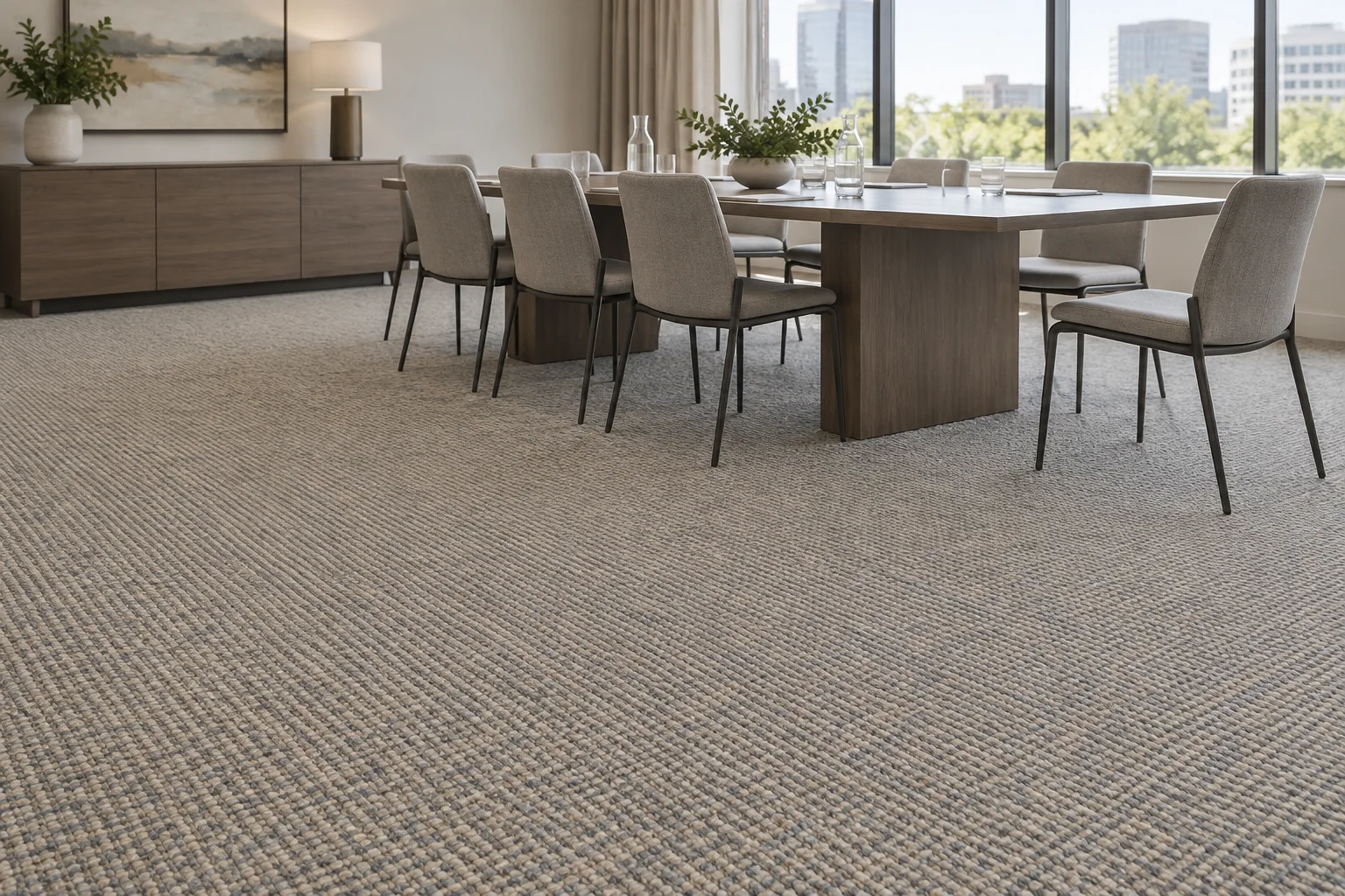 Editorial visualisation illustrating Sunweave Commercial Nylon Woven Broadloom Carpet; not a documentary photograph