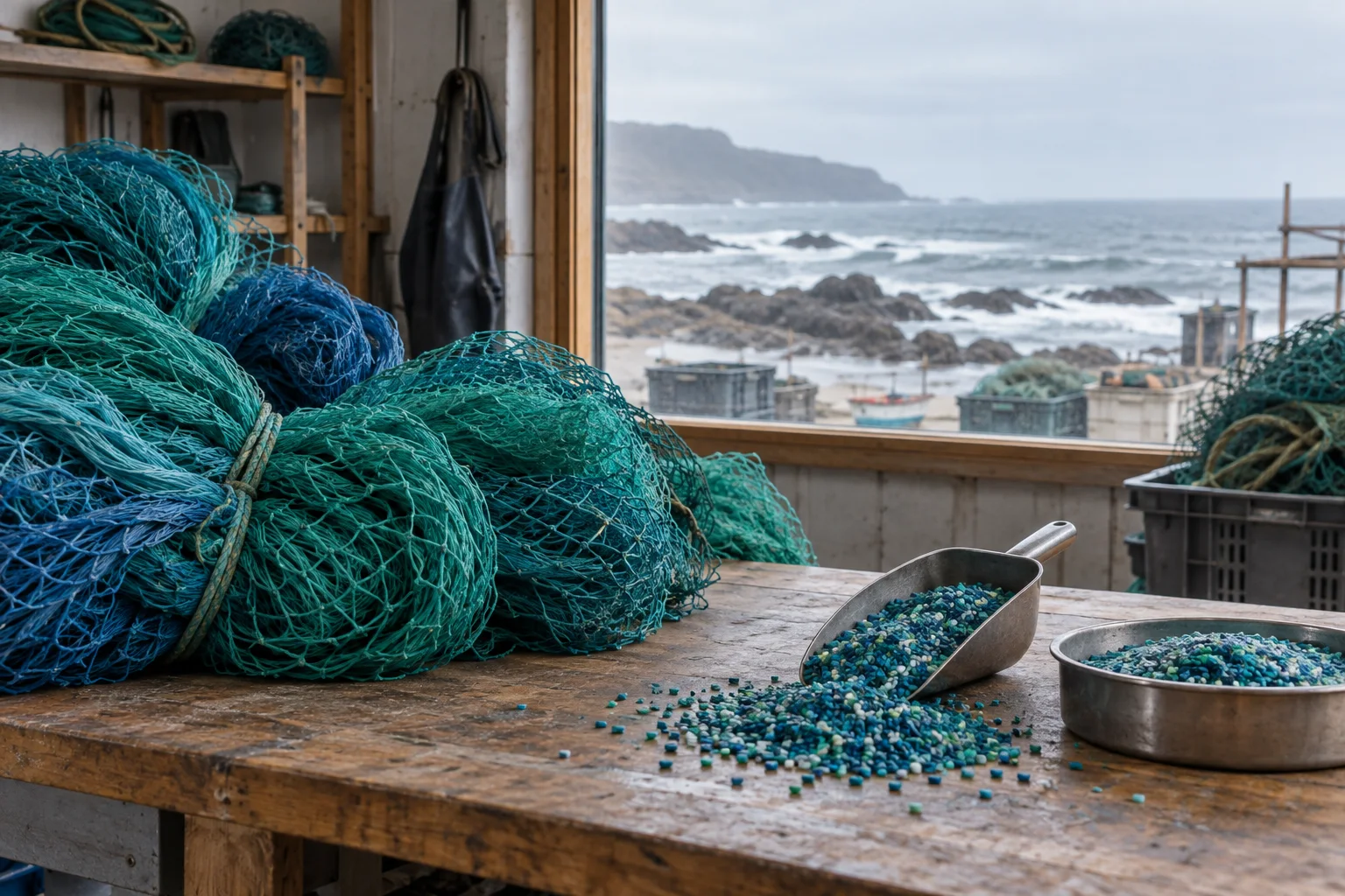 Editorial visualisation illustrating Bureo NetPlus Material; not a documentary photograph
