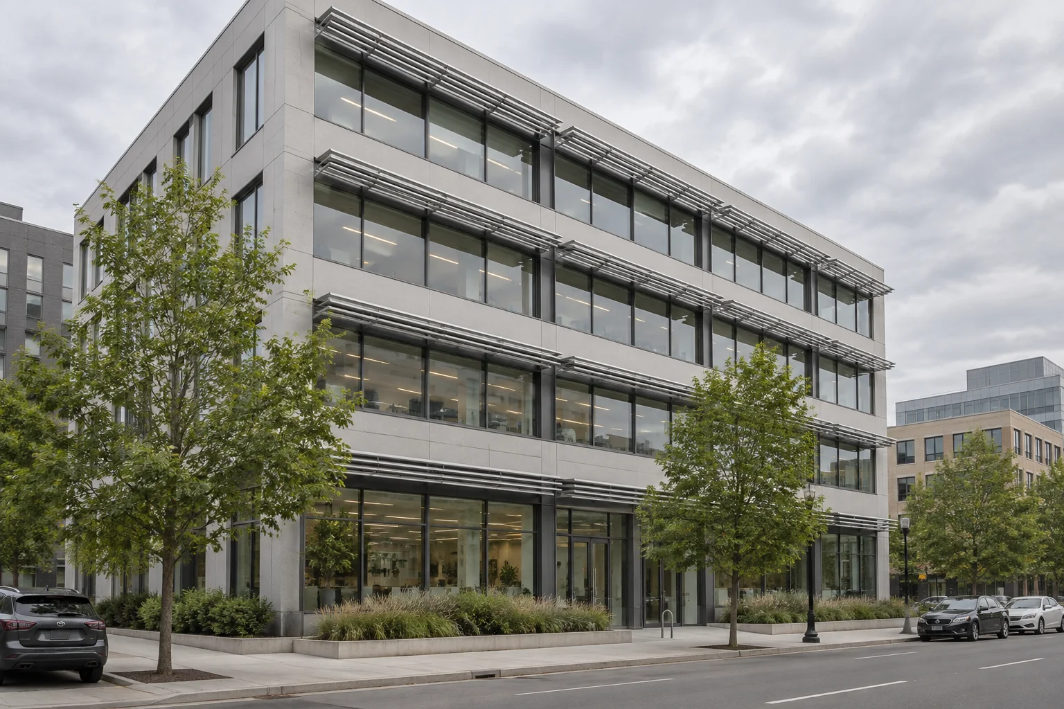 Editorial visualisation illustrating Custom Aluminum Sunshades with Fluropon Pure Kynar Finish; not a documentary photograph